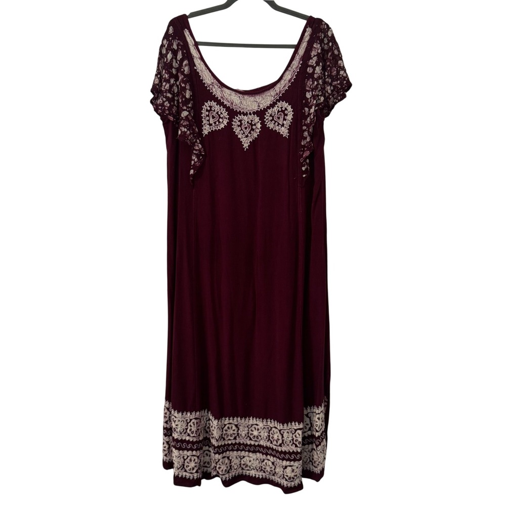 Advance Apparels Dress Womens L/XL Maroon Batik Heart Embroidered Boho Tie Fairy
